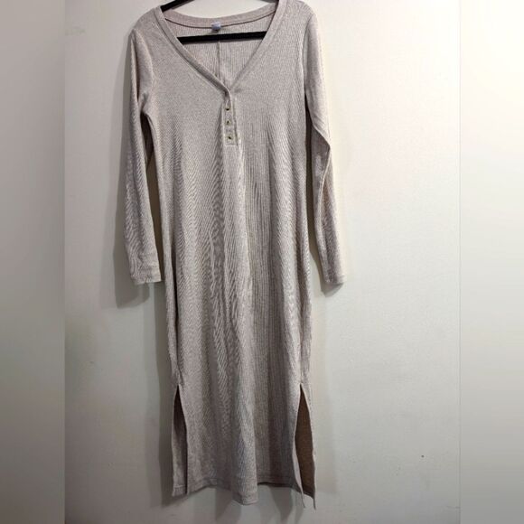 NWOT cream color Cotton rib knit v neck Henley dress size L - Picture 2 of 6